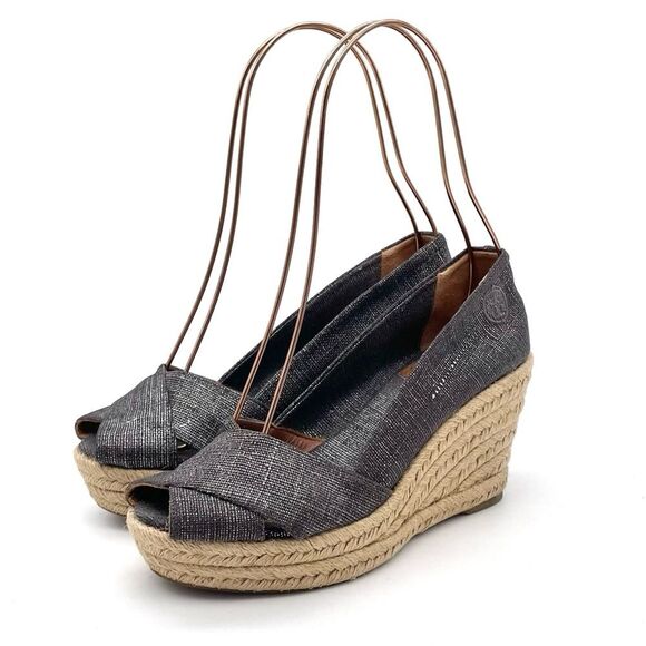 Tory Burch Filipa Espadrille Wedge Heel in Shimmer Pewter Linen Women’s Size 5.5 - Picture 6 of 16
